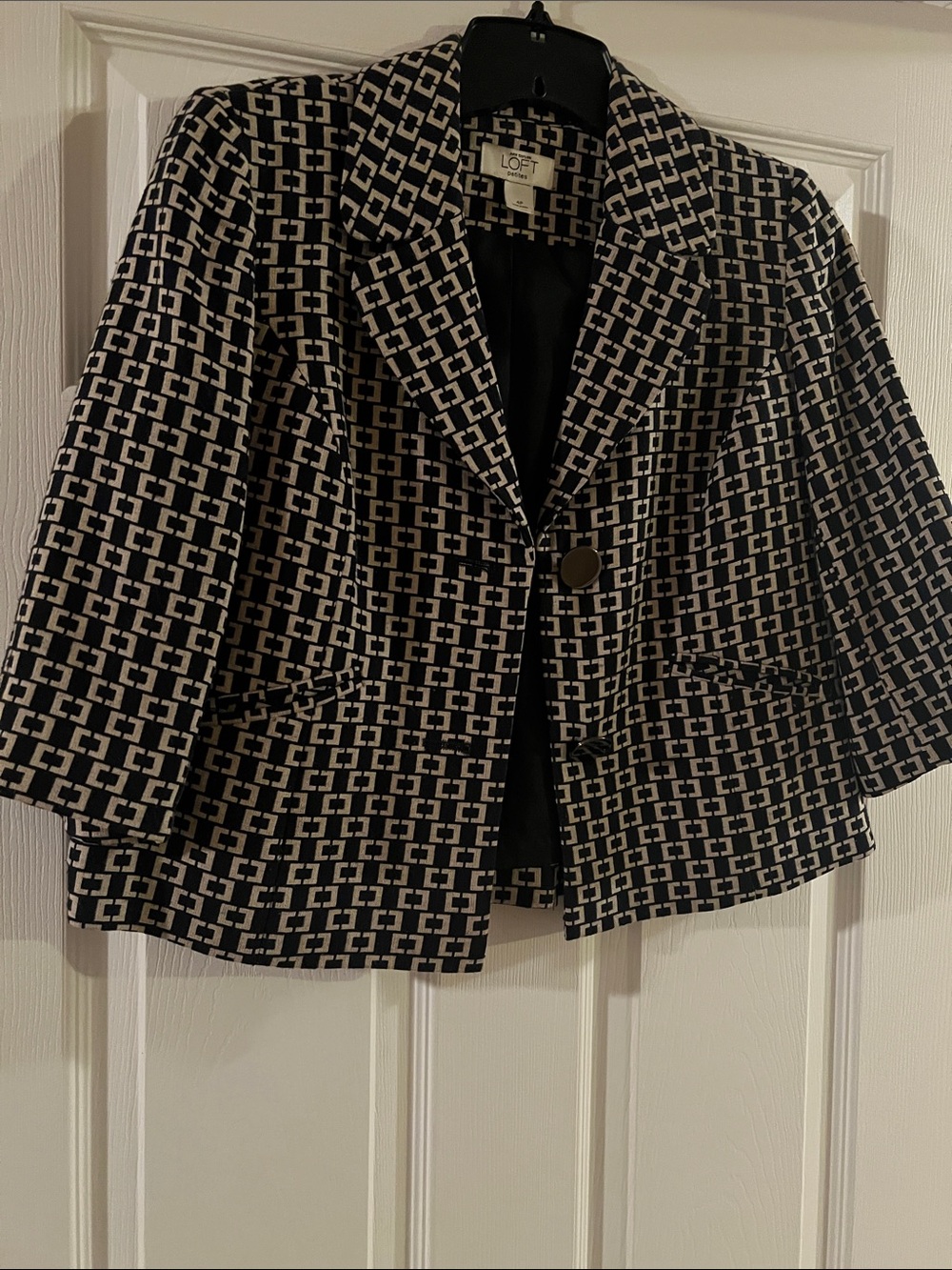 LOFT Black and White Geometric Cropped Blazer